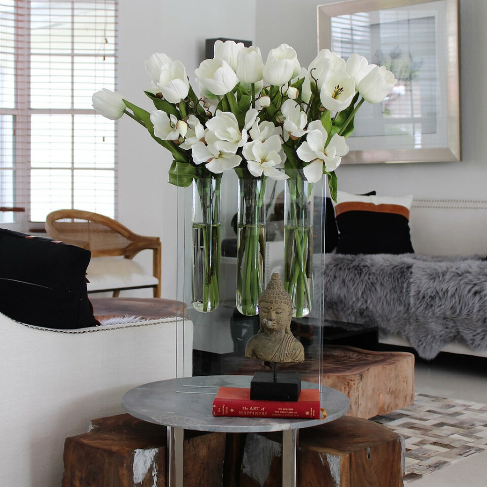 Triple vase with white tulips