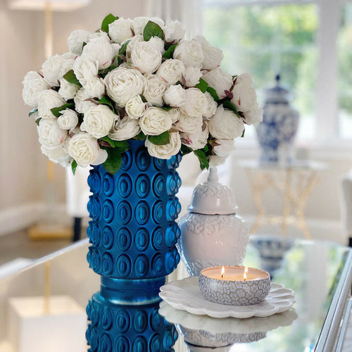 White English Roses in Blue Textured Vase