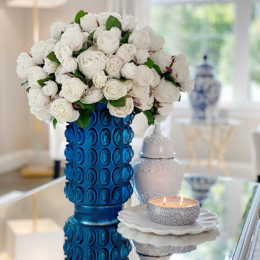 White English Roses in Blue Textured Vase